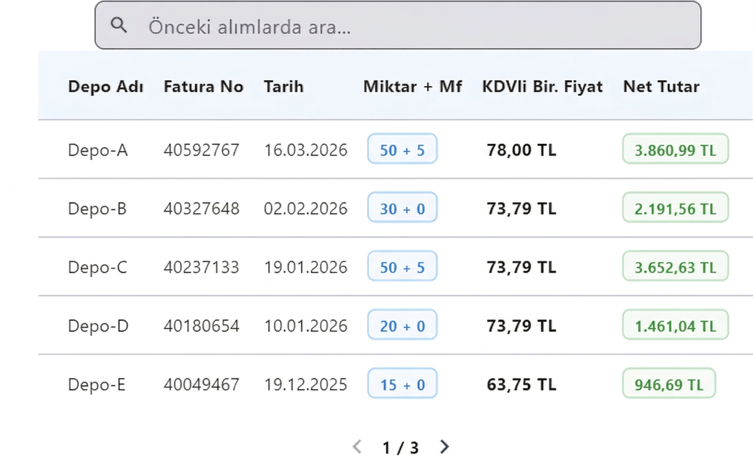 Depo Alımları Ekranı